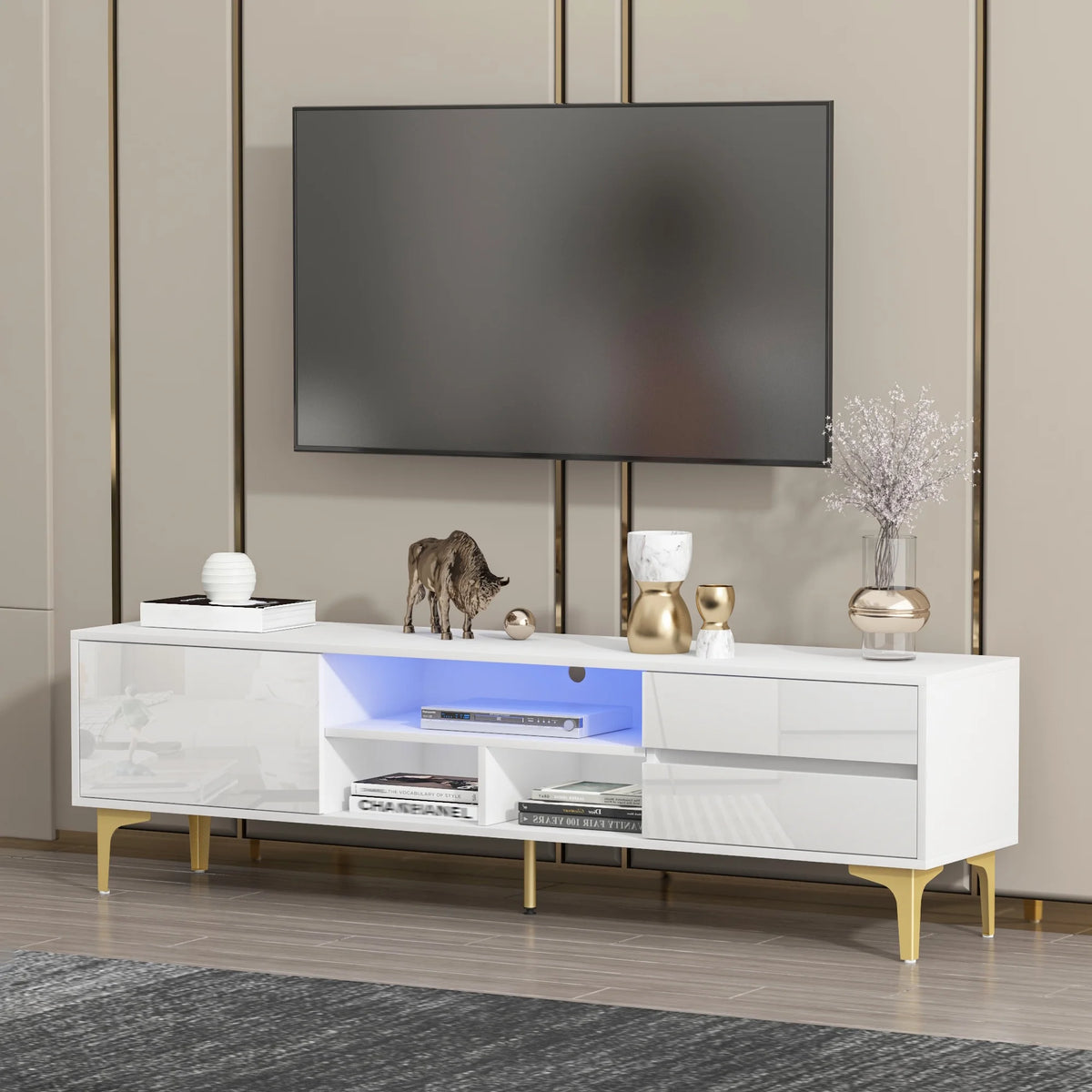 White TV Stand with LED Lights and Gold Metal Legs H883