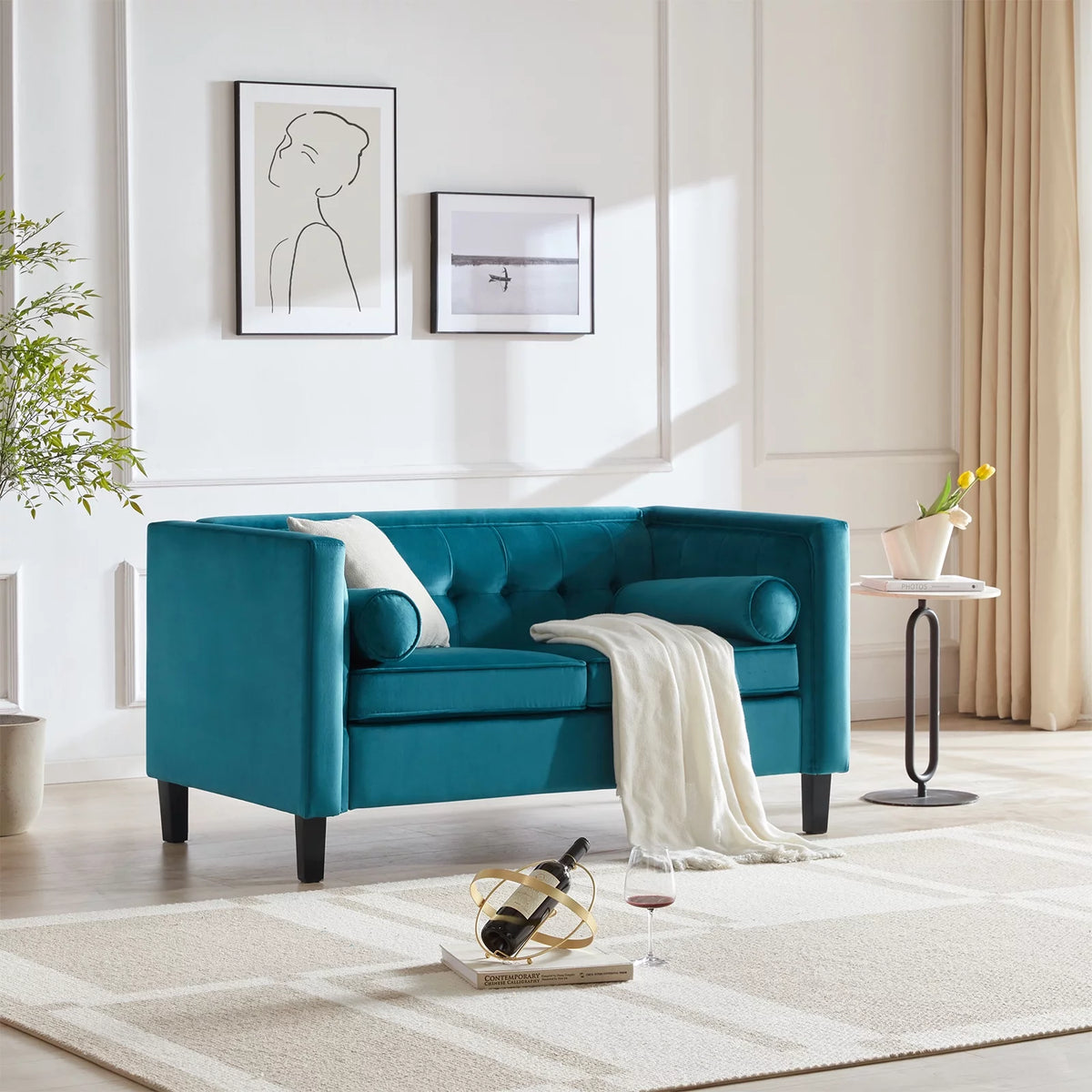 Peacock Blue Velvet Sofa with Bolster Pillows J854119