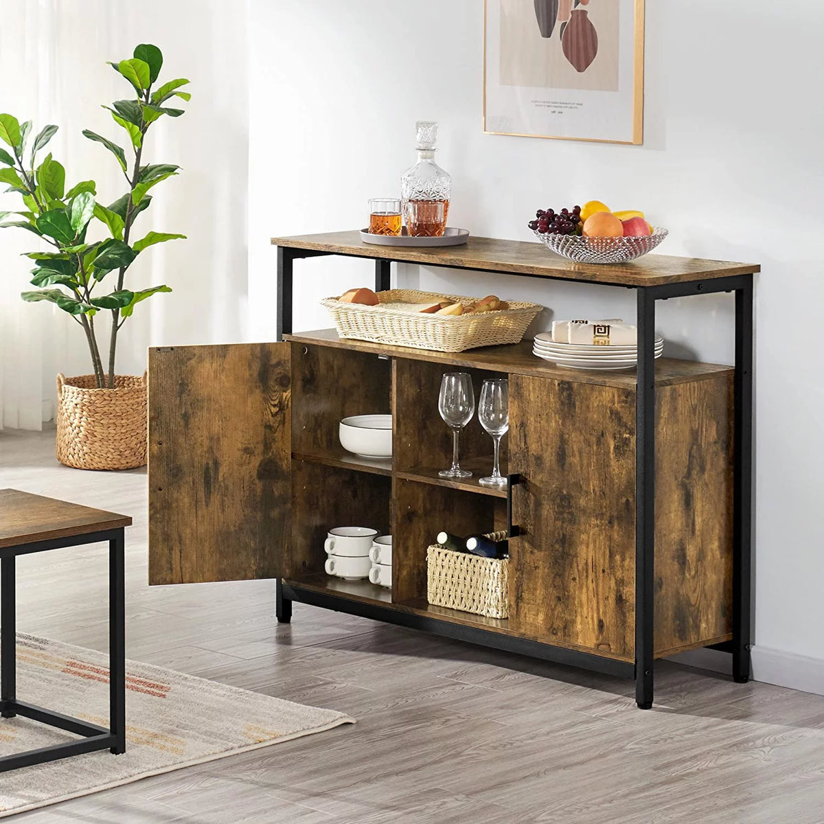 Rustic Brown Sideboard with Two Doors and Adjustable Shelves Q48516