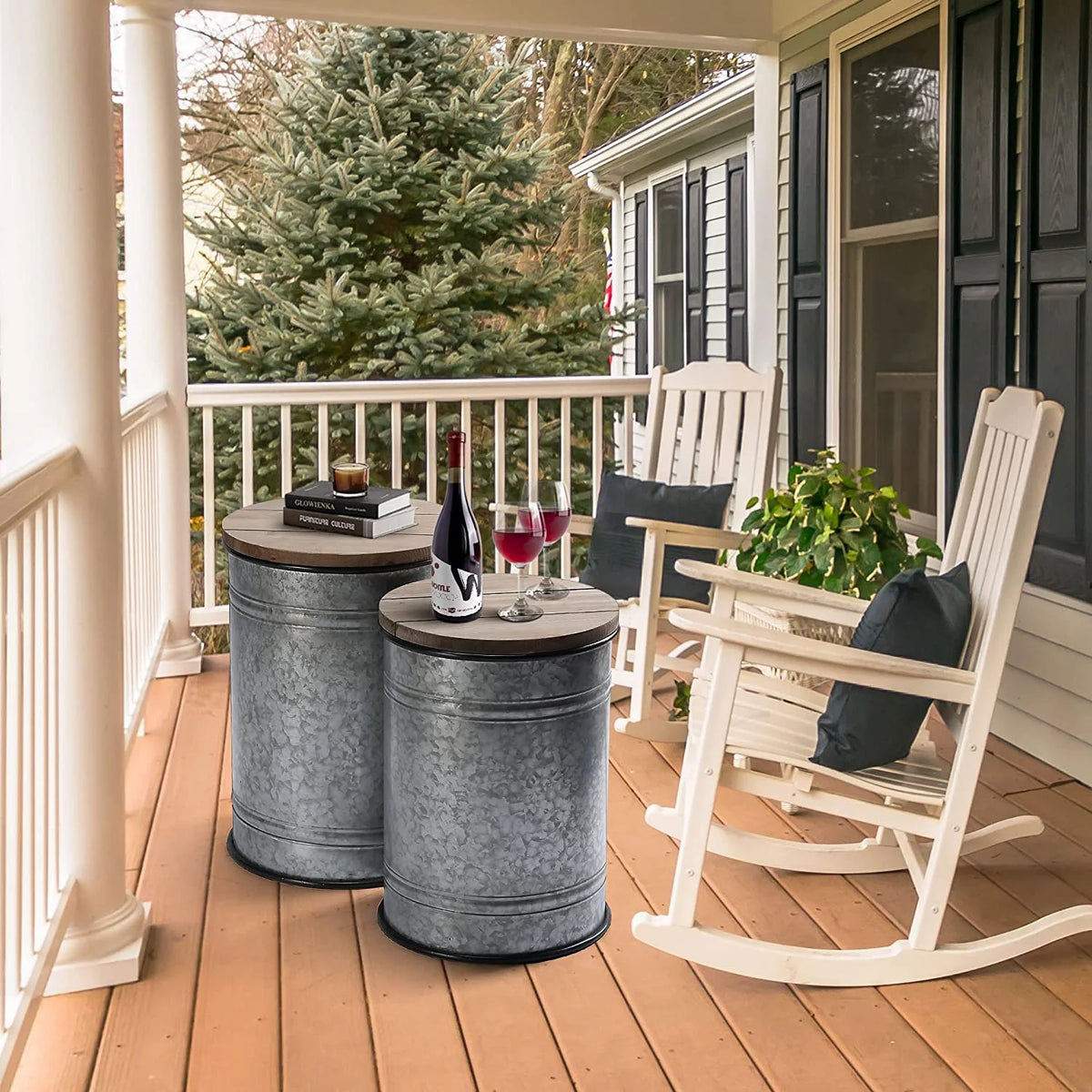 Galvanized Metal Side Table with Wood Lid Z492