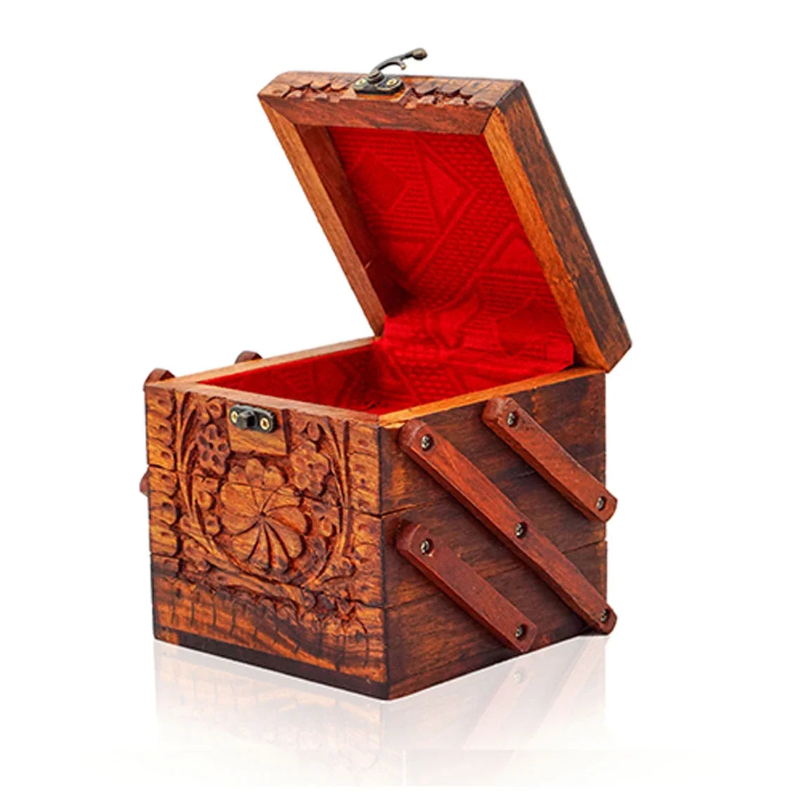 Hand Carved Wooden Jewelry Organizer with Lock T9891