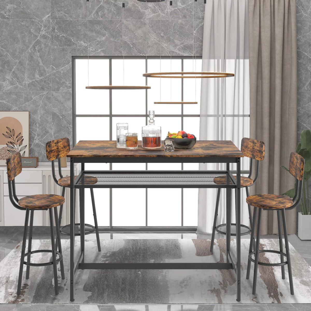 Brown 5 Piece Counter Height Dining Table and Chairs Set D7587