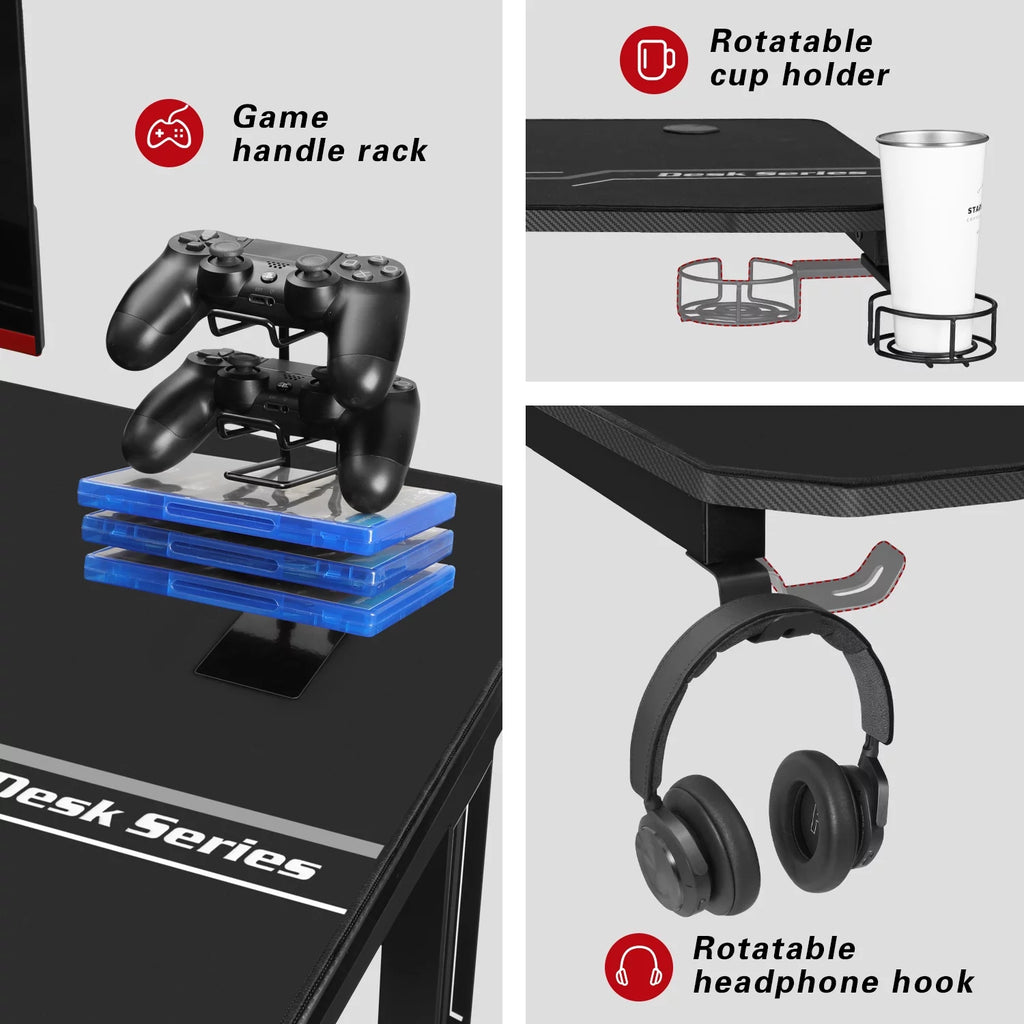 Black Gaming Computer Desk with Cup Holder and Headphone Hook W6941