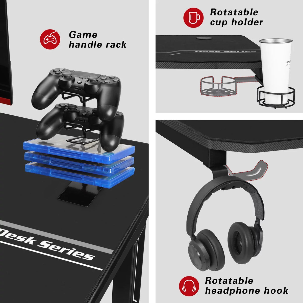 Black Gaming Computer Desk with Cup Holder and Headphone Hook W6941