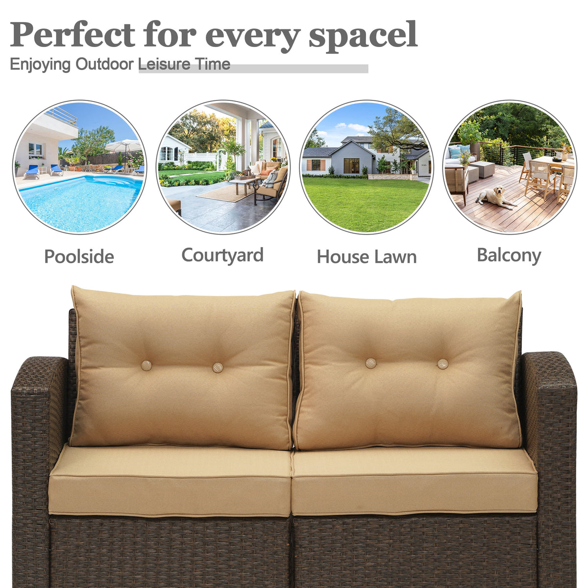 Brown Wicker Rattan Corner Sofa with Beige Cushions E332