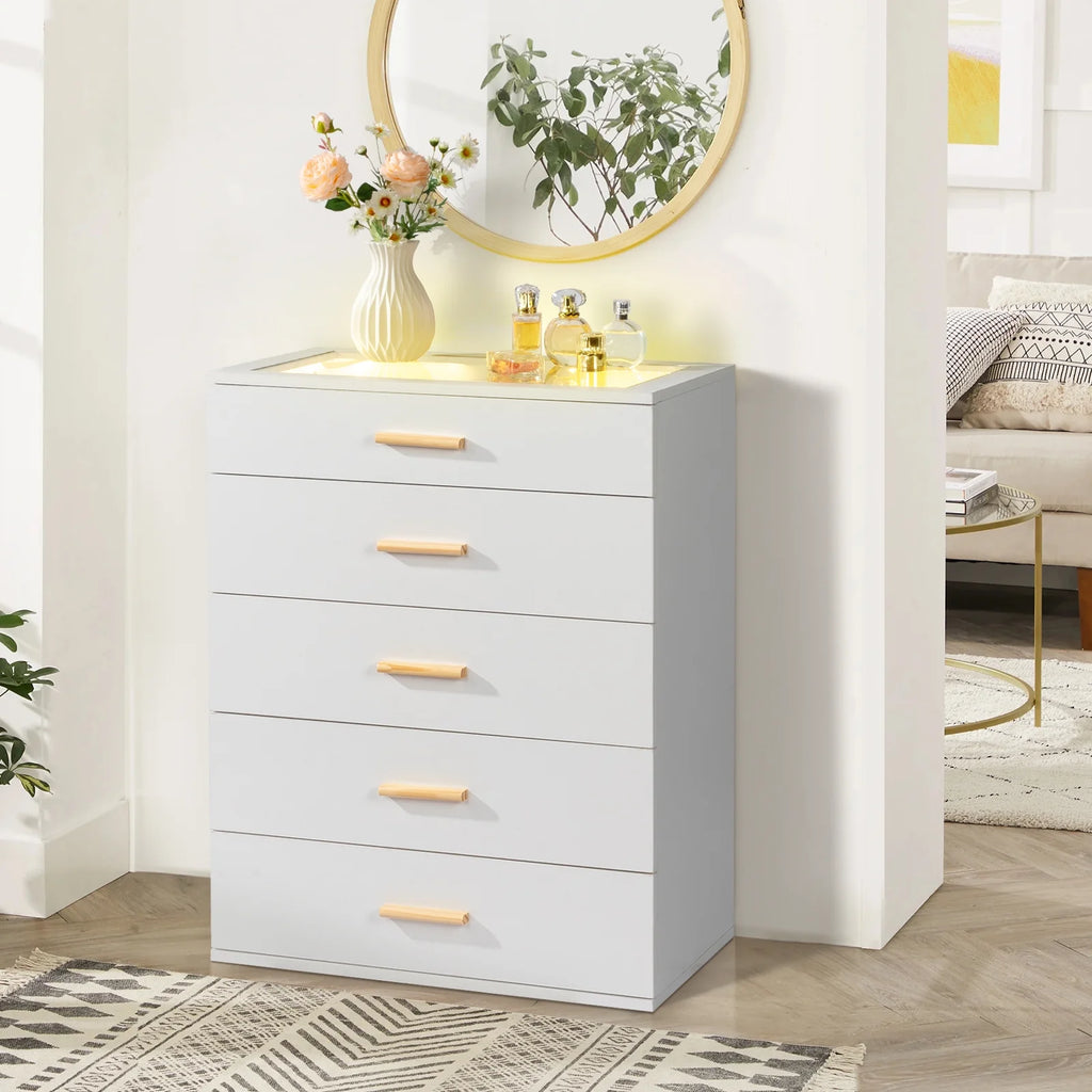 Black 5 Drawer Wood Dresser with Tempered Glass Top F753