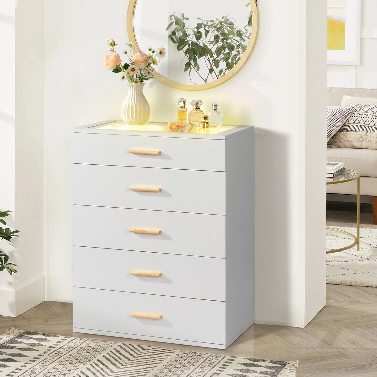 Black 5 Drawer Wood Dresser with Tempered Glass Top F753