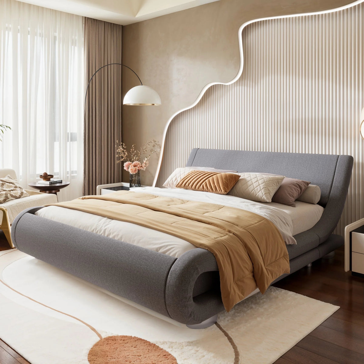 Full Size Grey Fabric Upholstered Platform Bed Frame Q2843