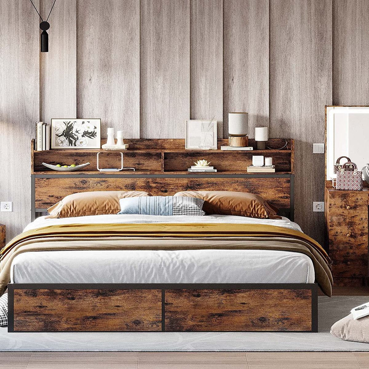 King Size Platform Storage Bed with Bookcase Headboard G7024