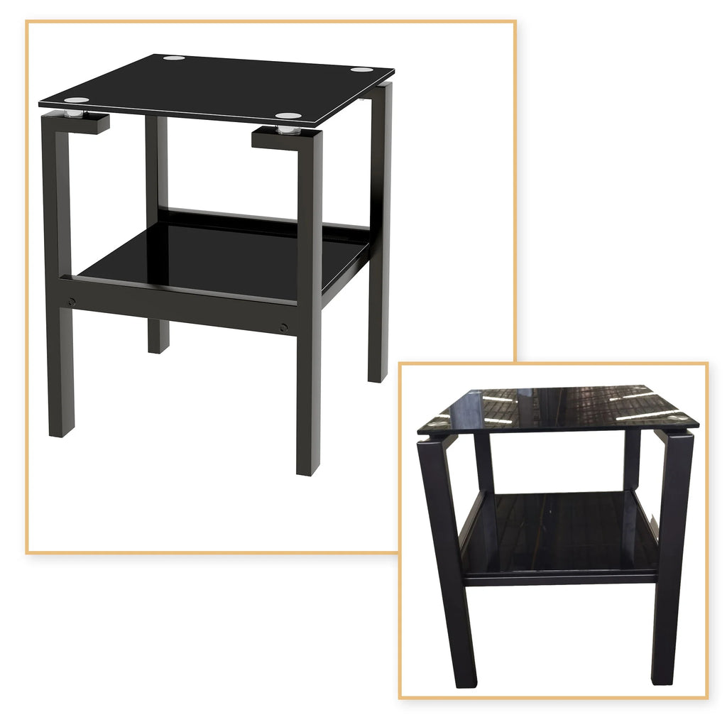 Black Glass Floor-standing End Table with Metal Legs and Open Shelf O2116