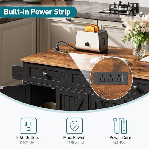White and Walnut Kitchen Island with Drop Leaf, Charging Station, 3 Drawers and Storage W250