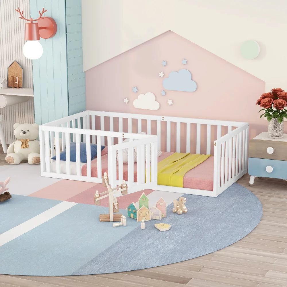 Queen Size Solid Wood Floor Bed Frame with Fence Rail and Door O5274
