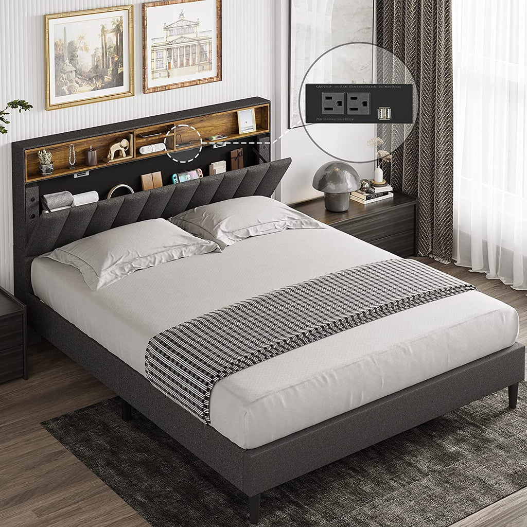 Queen Size Fabric Upholstered Platform Bed Frame with Storage Headboard V991719