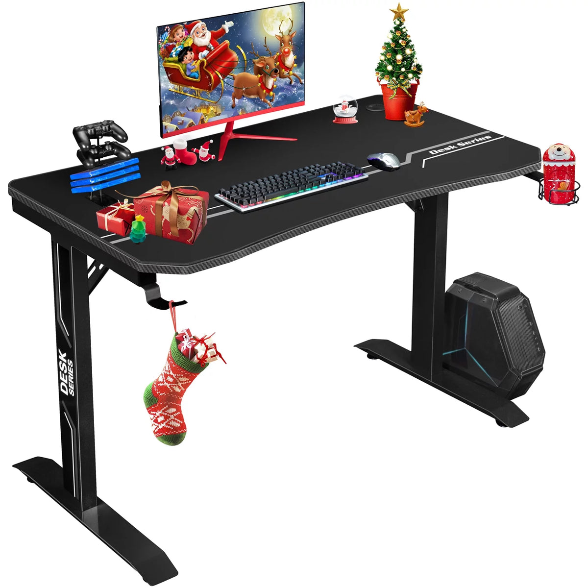 Black Gaming Computer Desk with Cup Holder and Headphone Hook W6941