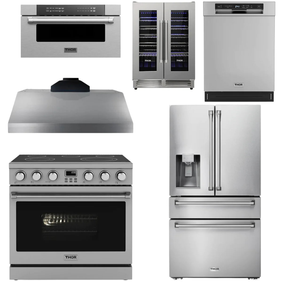 36 Electric Range, Range Hood, Refrigerator, Dishwasher, Microwave and Wine Cooler A680741