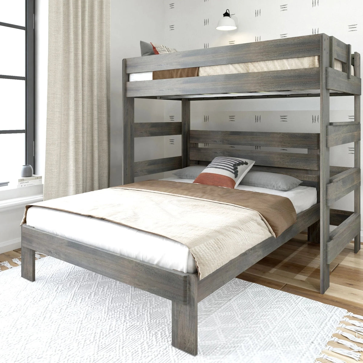 Solid Wood Twin over Queen L-Shaped Bunk Bed I708511