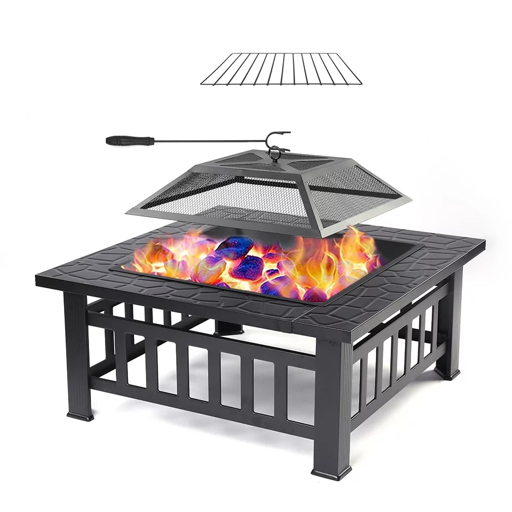 32 Square Metal Fire Pit Table with Spark Screen & Log Poker R899306