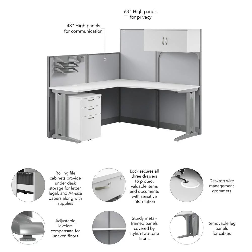 L Cubicle Desk with Storage in Pure White Engineered Wood G4961