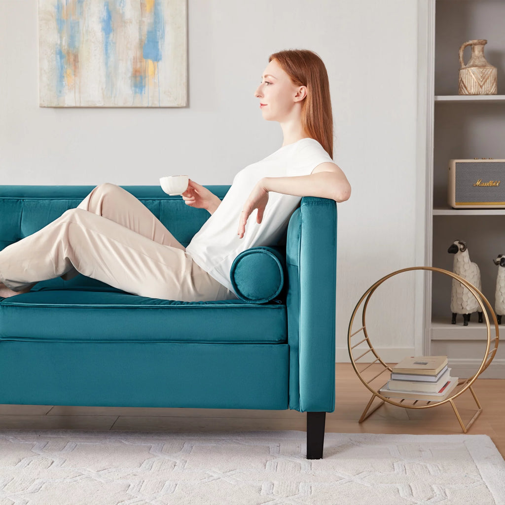 Peacock Blue Velvet Sofa with Bolster Pillows J854119