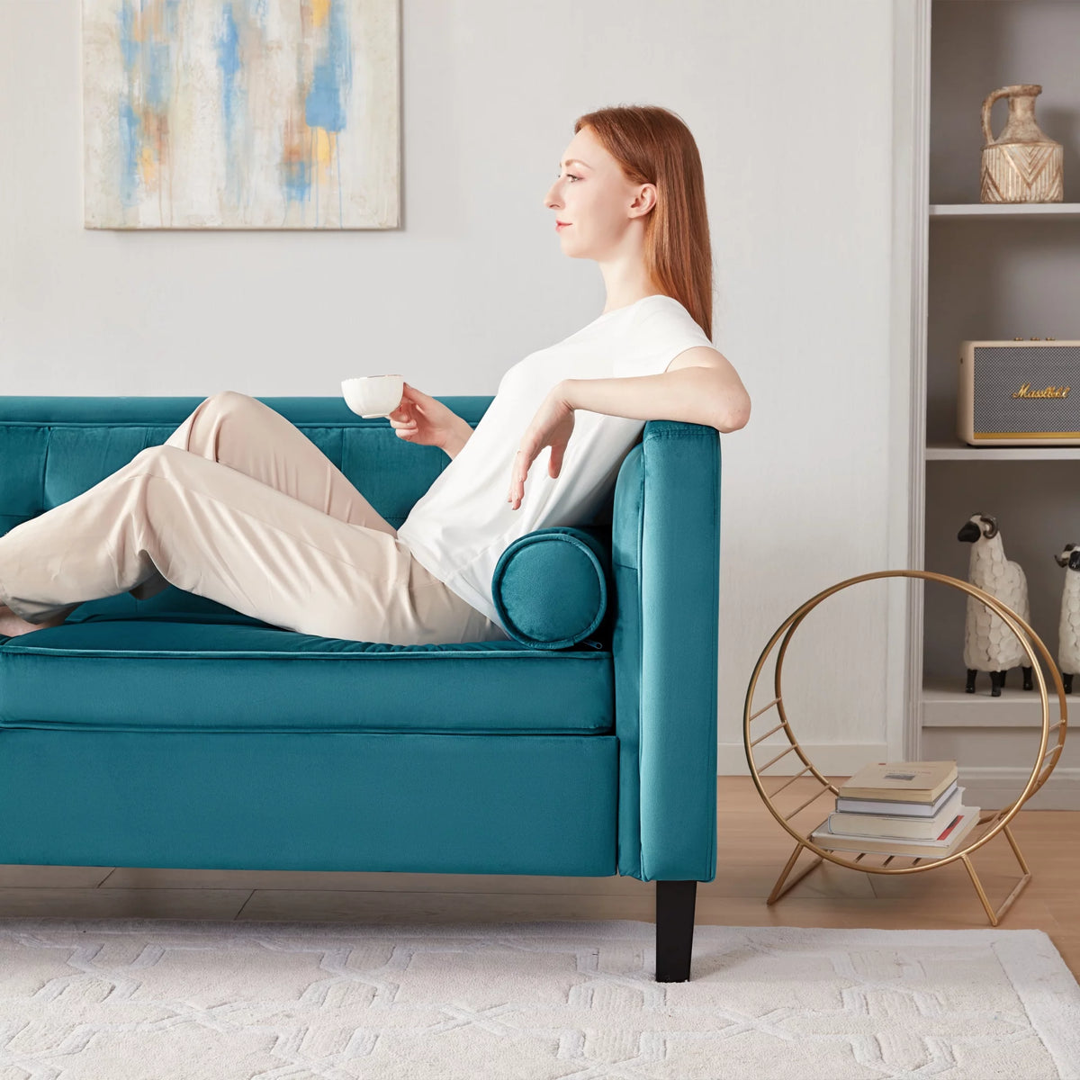 Peacock Blue Velvet Sofa with Bolster Pillows J854119