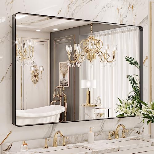 Black Metal Framed 22X30 Inch Rounded Rectangle Bathroom Mirror N3407