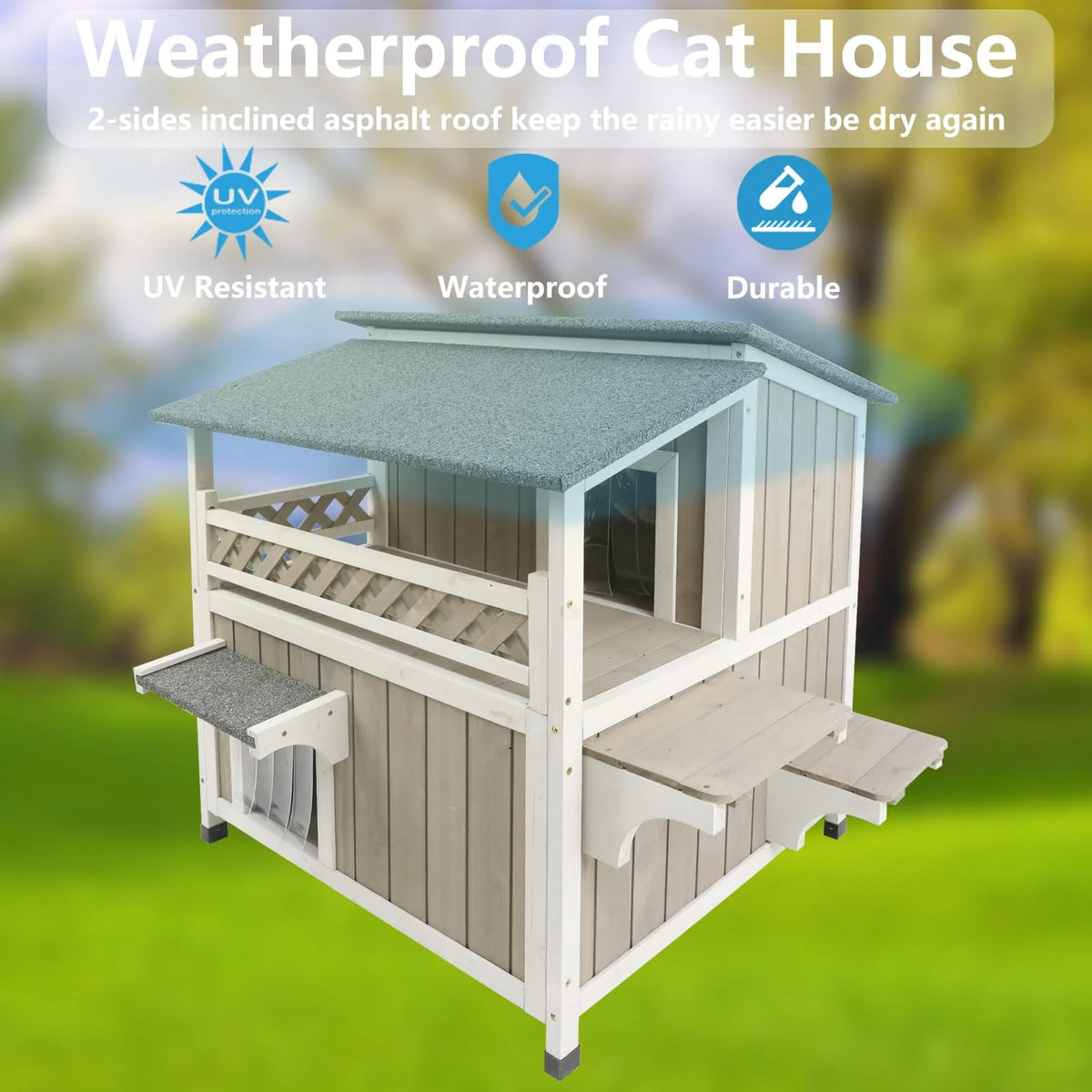 Outdoor 2-Story Wooden Cat House with Balcony S7835