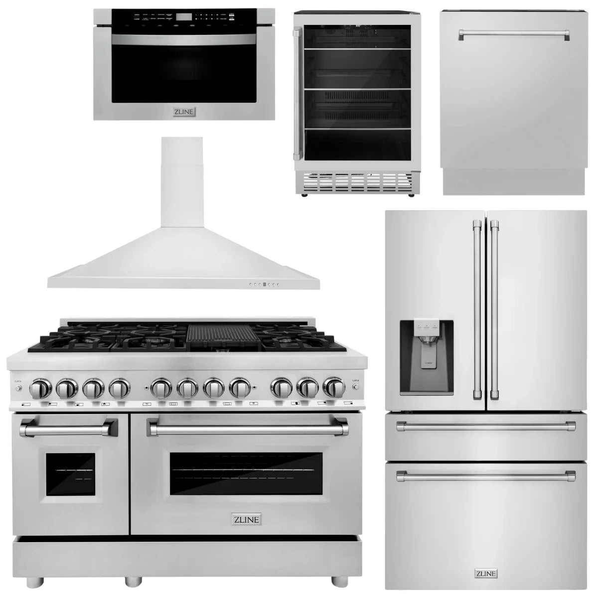 48 Dual Fuel Range, Range Hood, Refrigerator, Microwave Drawer, Dishwasher and Beverage Fridge W3124
