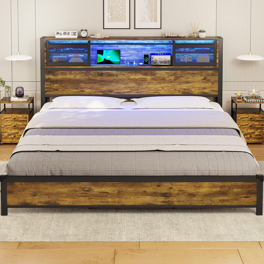 Queen Size Metal Platform Bed Frame with Storage Headboard G440