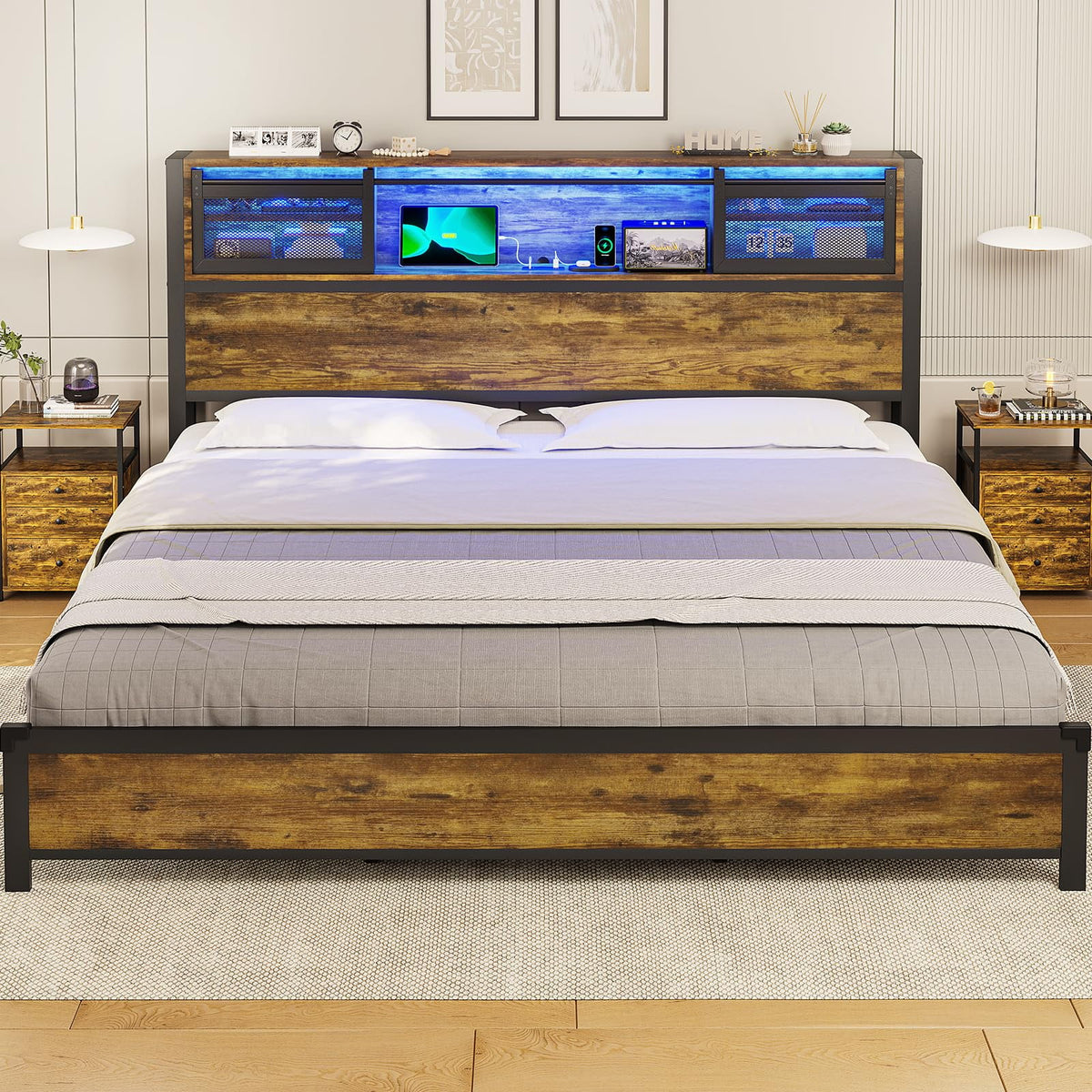 Queen Size Metal Platform Bed Frame with Storage Headboard G440