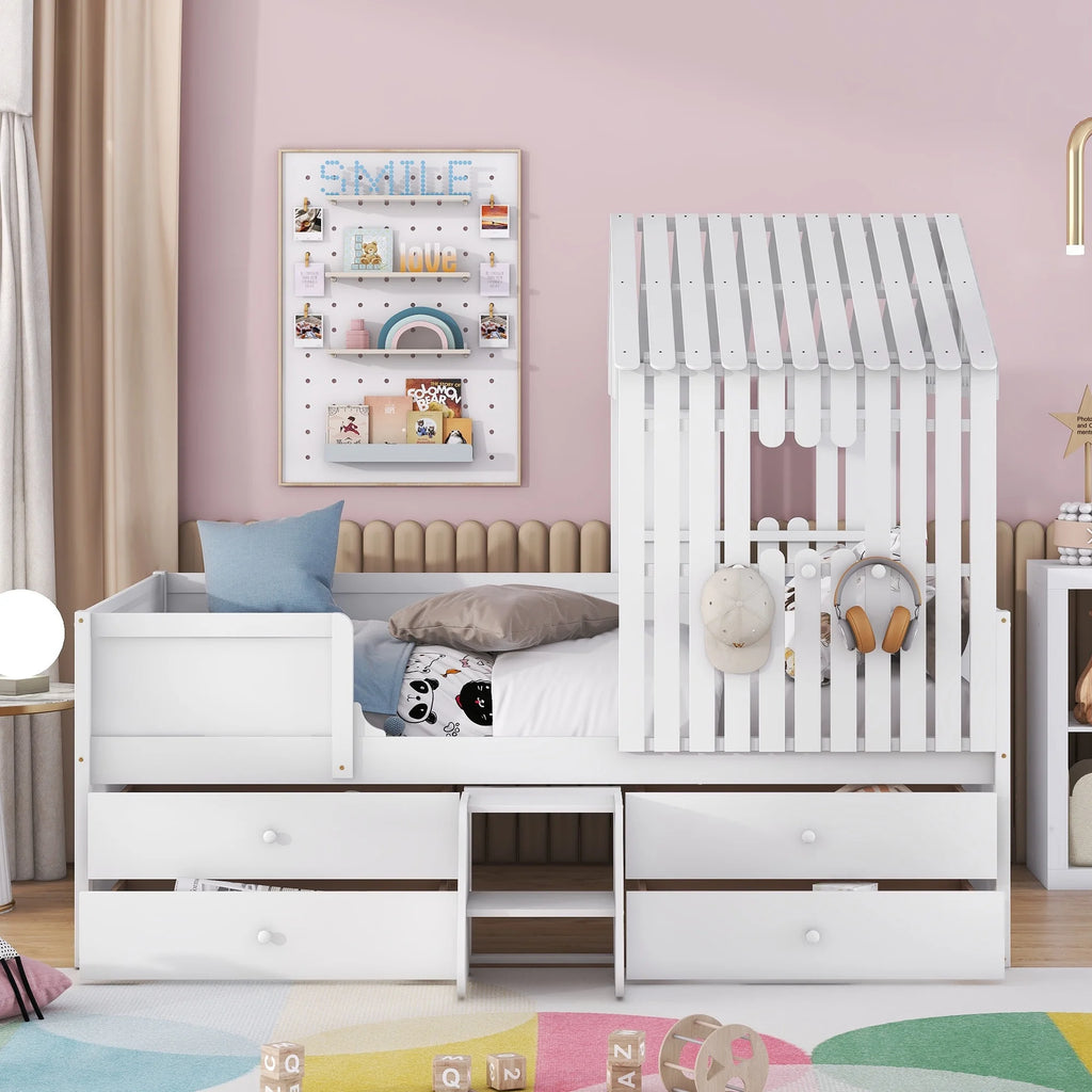 Full Size Low Loft Bed with Roof and Drawers, White G728264