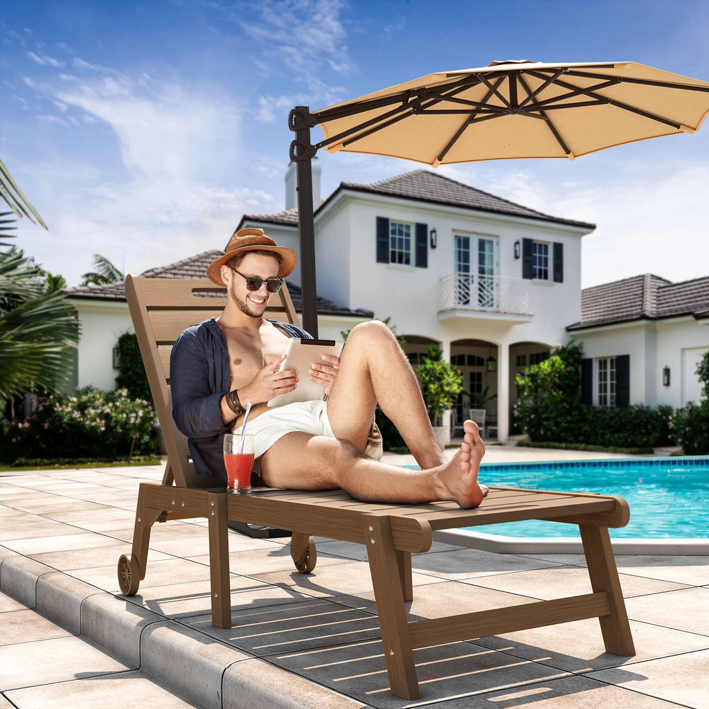 Brown Weather Resistant Poly Resin Chaise Lounge Chair with Wheel C122
