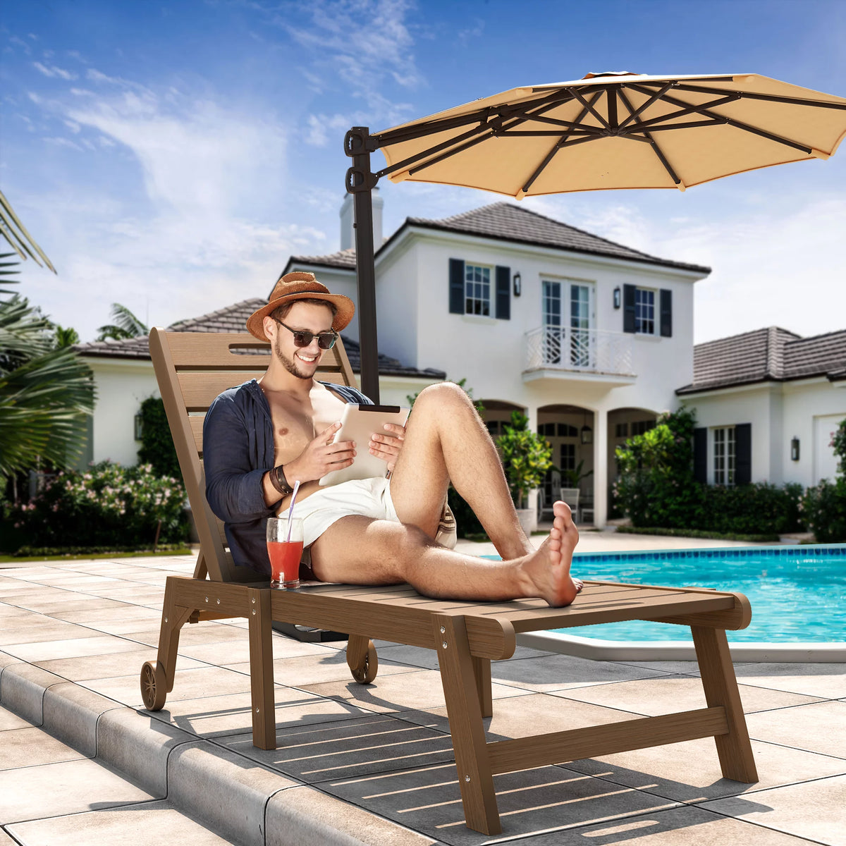 Brown Weather Resistant Poly Resin Chaise Lounge Chair with Wheel C122
