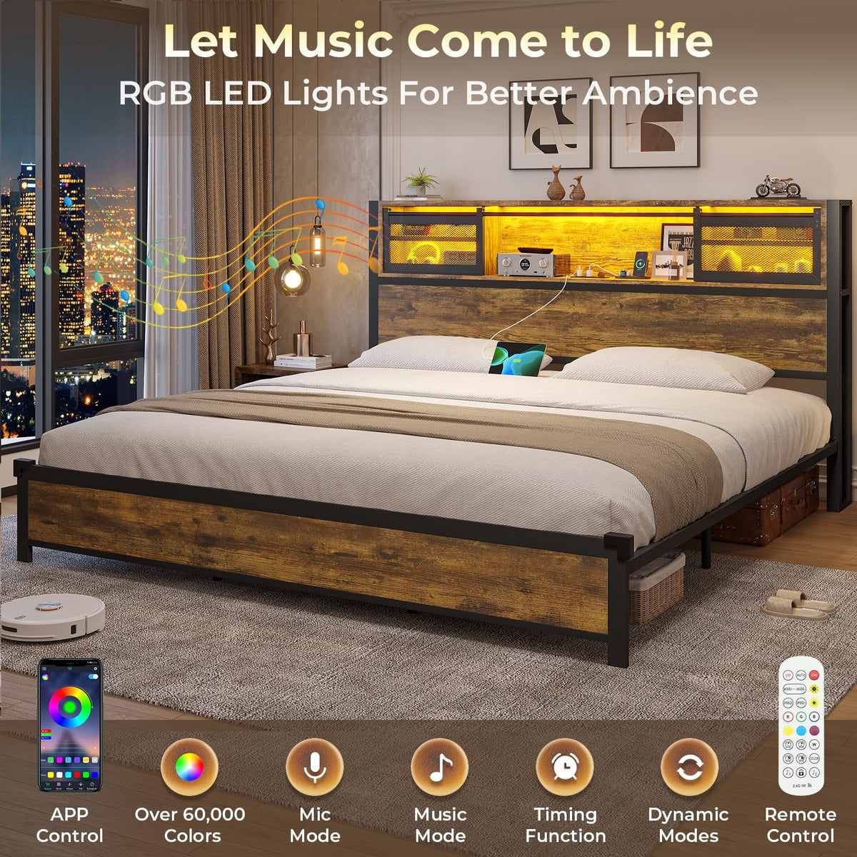 Queen Size Metal Platform Bed Frame with Storage Headboard G440