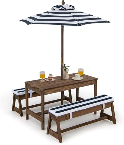 Kids Wooden Picnic Table and Chair Set with Umbrella F922