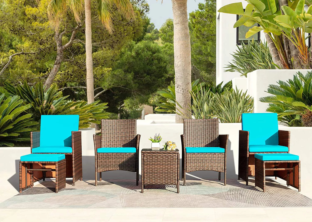 7 Pieces Patio Furniture Set Cushioned Wicker Chairs with Ottoman and Glass Table E815941
