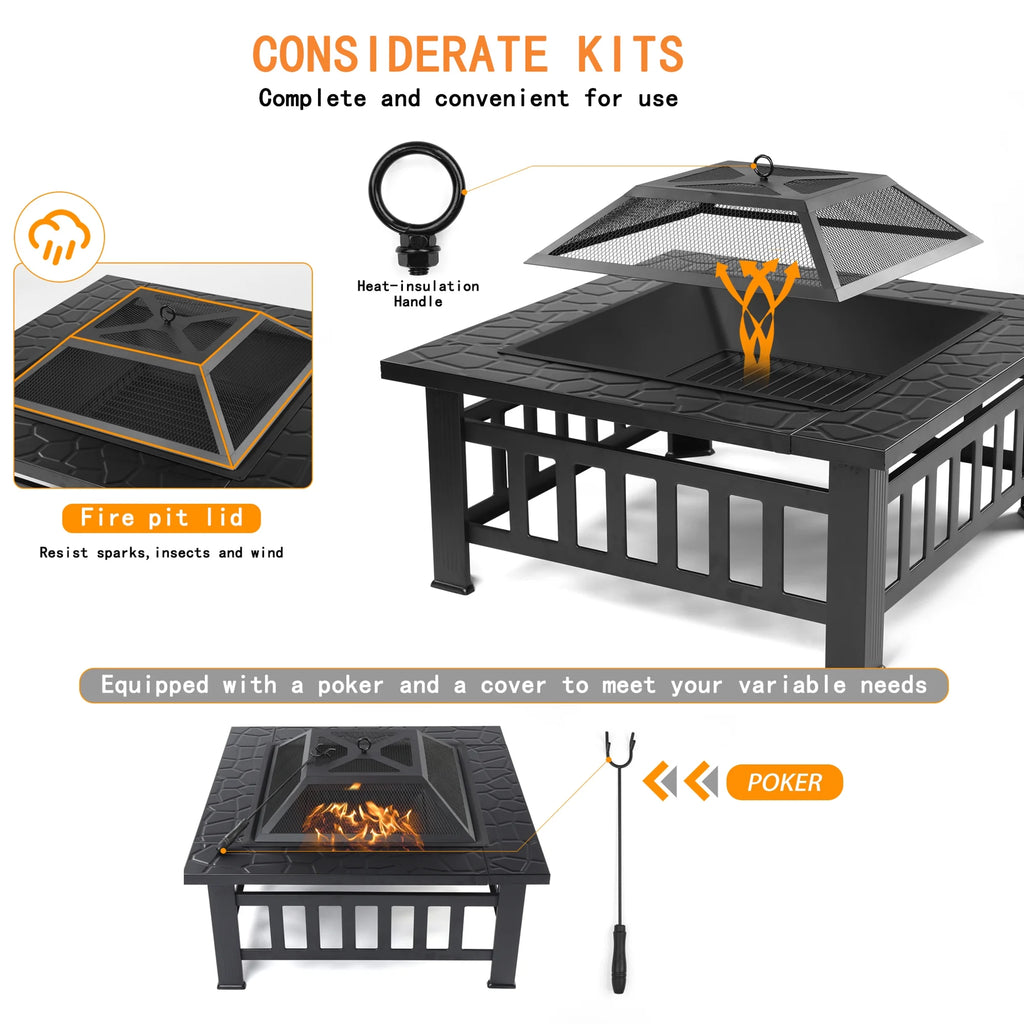 32 Square Metal Fire Pit Table with Spark Screen & Log Poker R899306