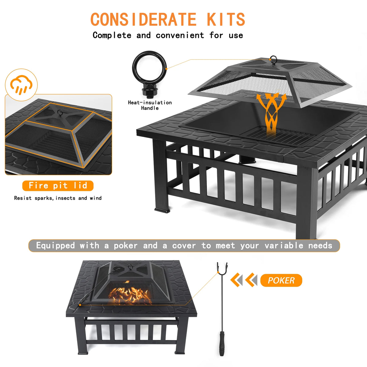 32 Square Metal Fire Pit Table with Spark Screen & Log Poker R899306