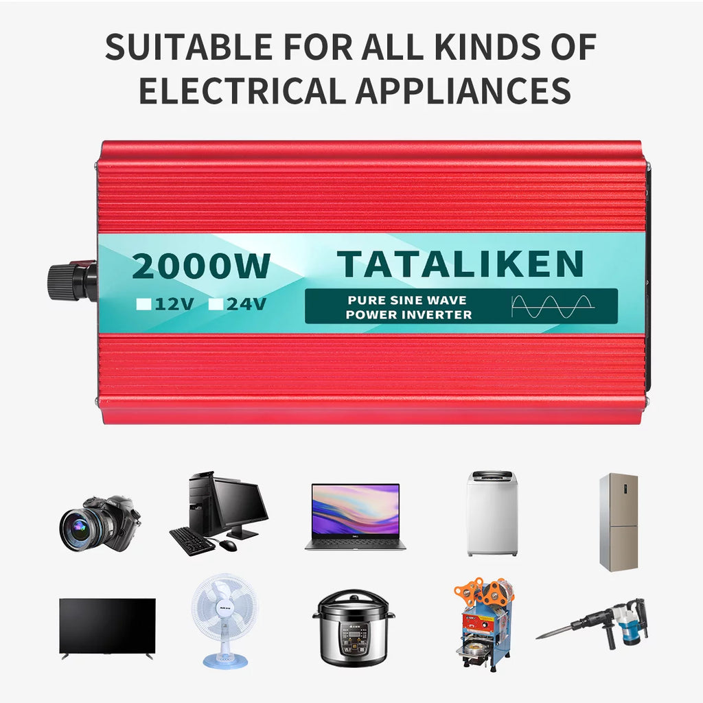 2000 Watts Pure Sine Wave Power Inverter DC 12V to AC 110V/120V with 2 AC Outlets J440