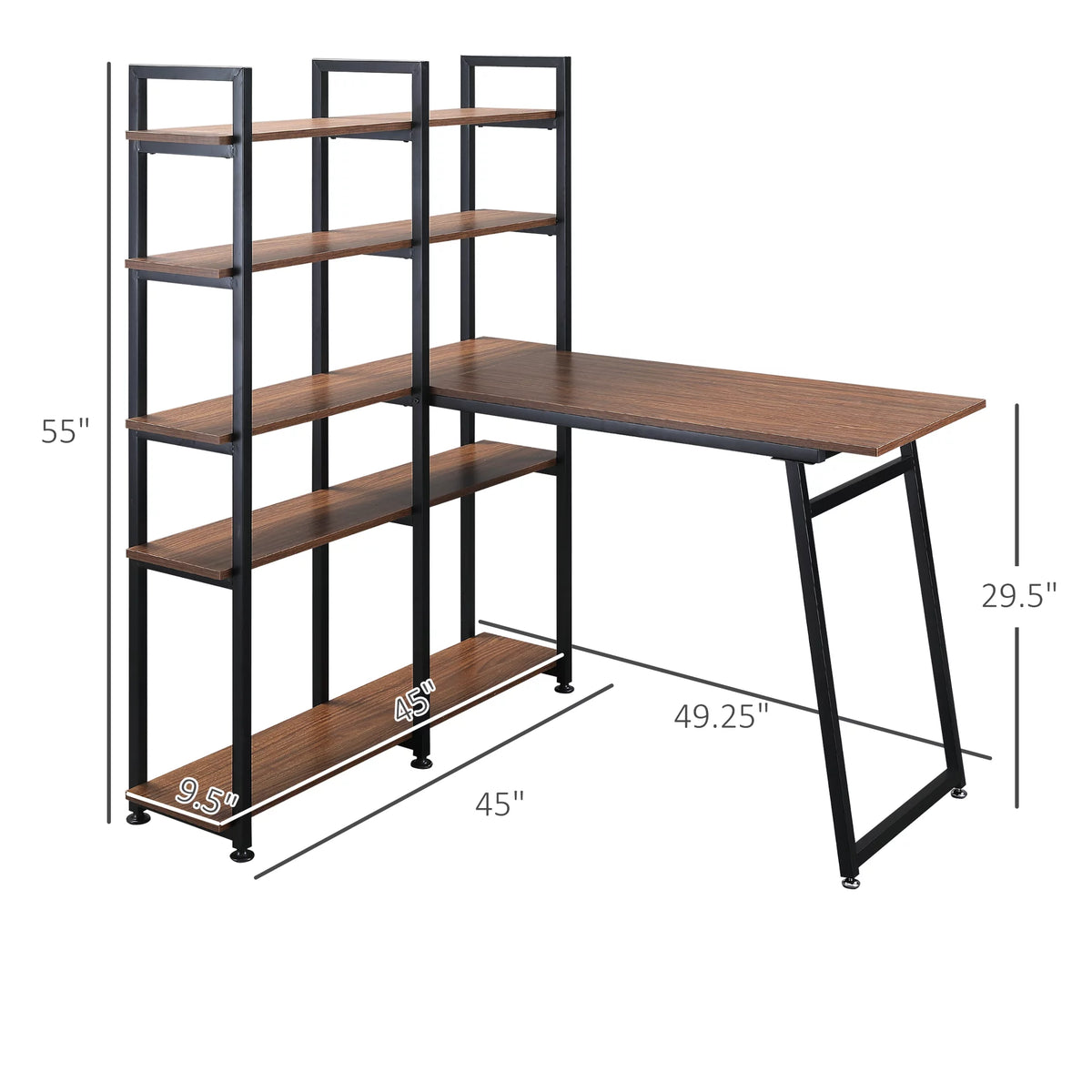 Black Walnut L-Shaped Computer Desk with Display Shelves L6050
