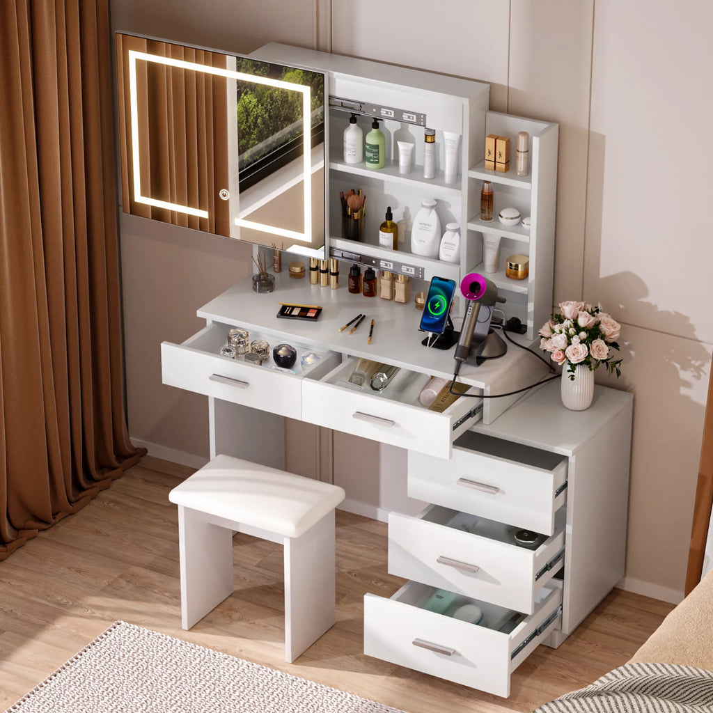 White Makeup Vanity Desk with Lighted Mirror and 3-Drawer Chest F448