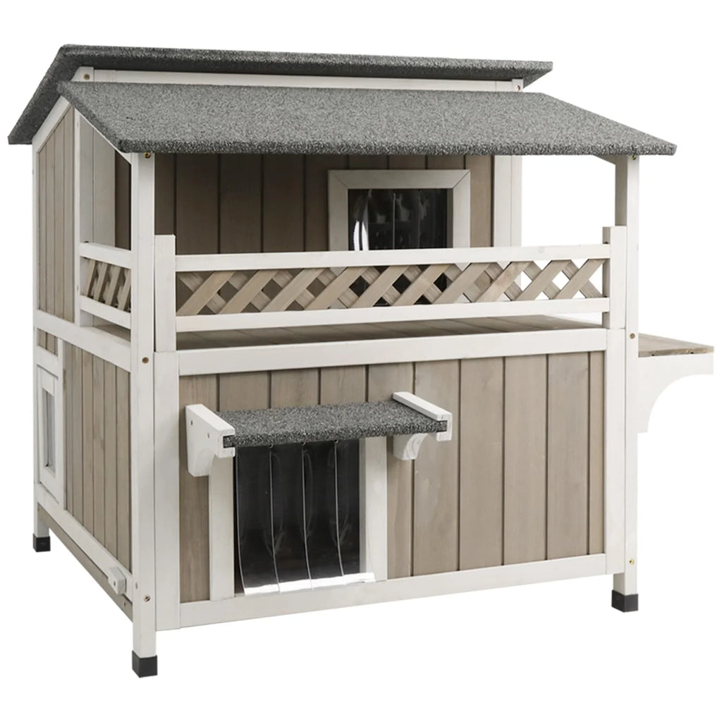 Outdoor 2-Story Wooden Cat House with Balcony S7835