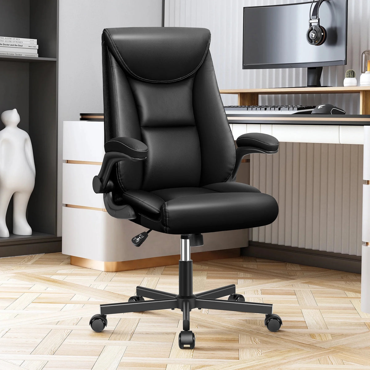 Black Ergonomic Leather Office Chair with Lumbar Support P9461
