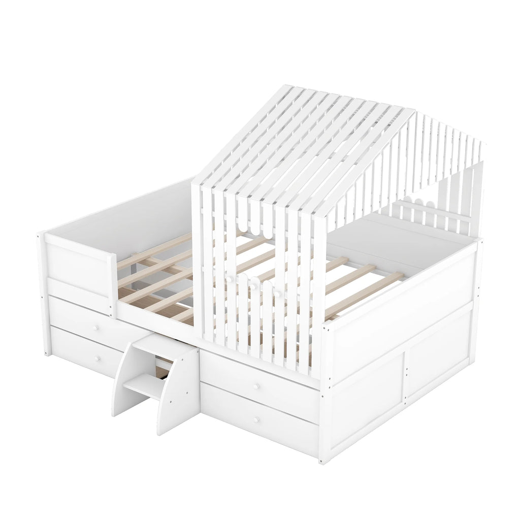 Full Size Low Loft Bed with Roof and Drawers, White G728264