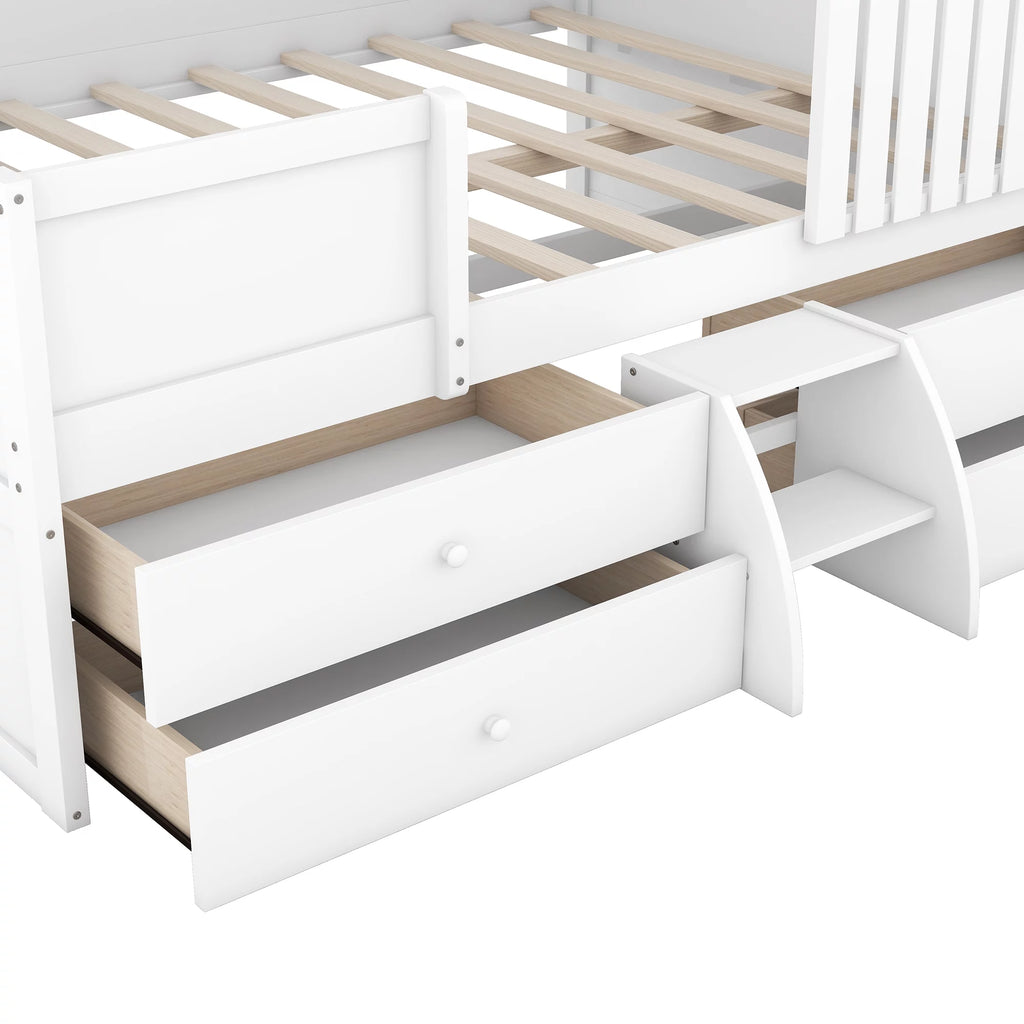 Full Size Low Loft Bed with Roof and Drawers, White G728264