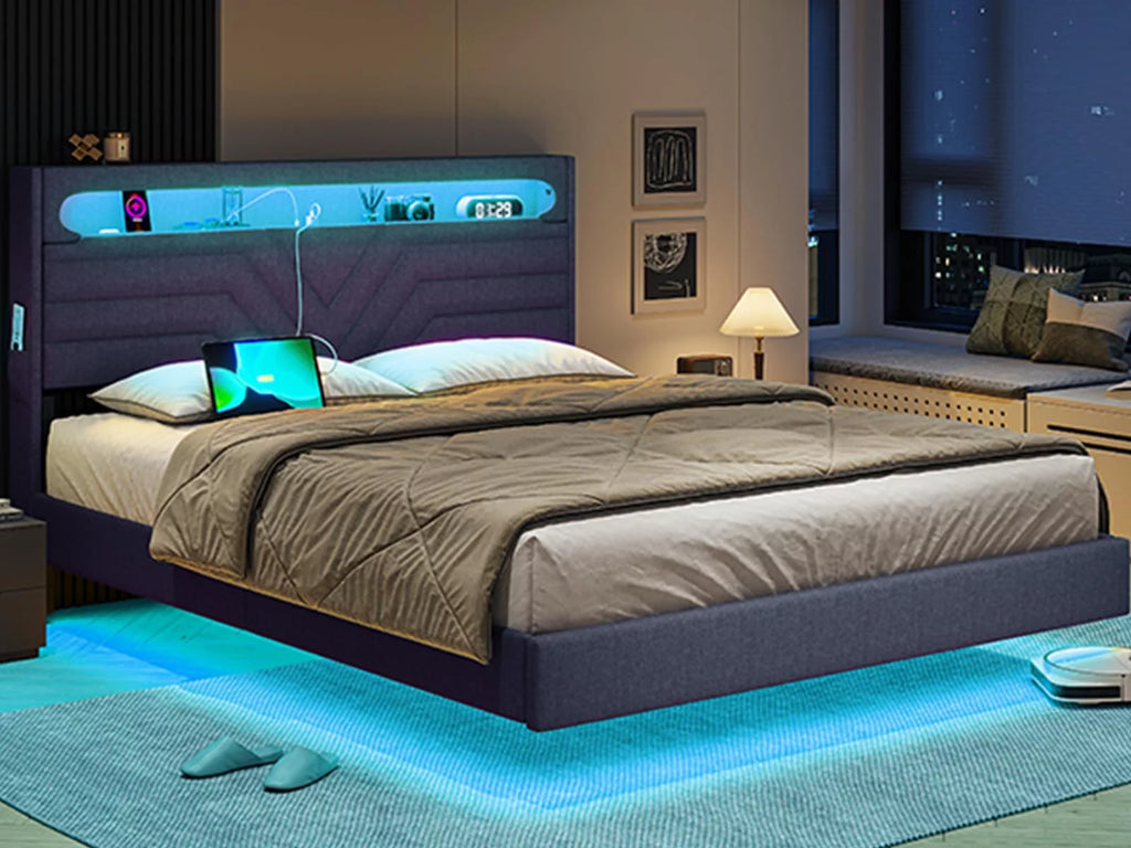 Queen Size Fabric Upholstered Platform Bed Frame with Storage Headboard V991719