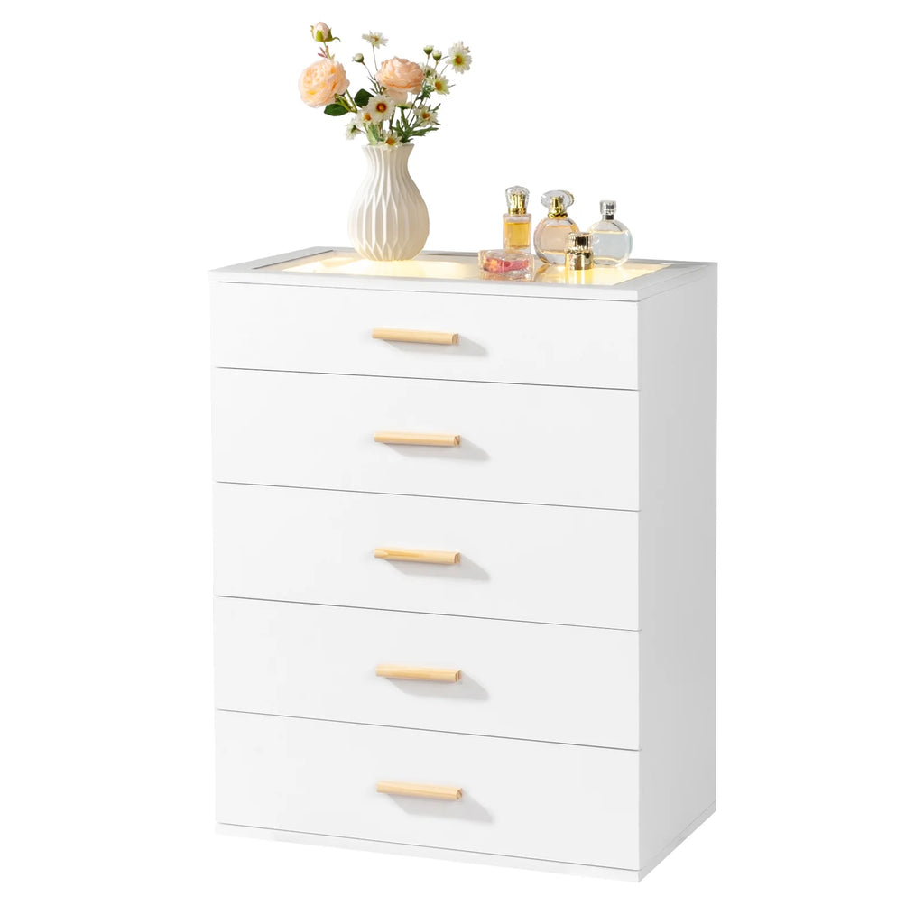 Black 5 Drawer Wood Dresser with Tempered Glass Top F753